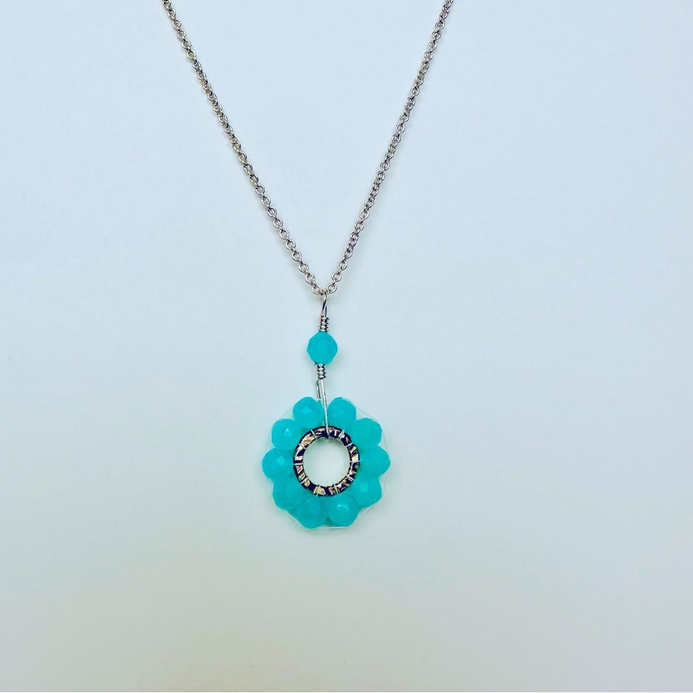 16” Silver Fashion Chain Necklace w Beaded Blue Circular Drop Pendant